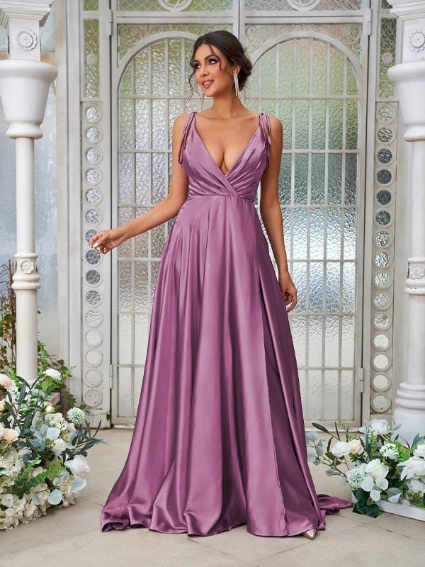 NumberSea - A - Line/Princess Silk like Satin Ruffles V - neck Sleeveless Sweep/Brush Train Bridesmaid Dresses