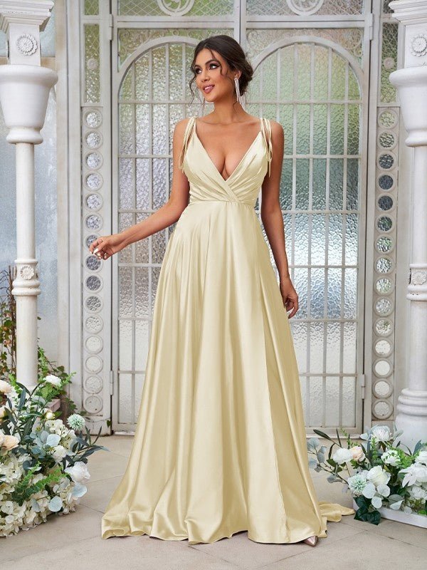 NumberSea - A - Line/Princess Silk like Satin Ruffles V - neck Sleeveless Sweep/Brush Train Bridesmaid Dresses