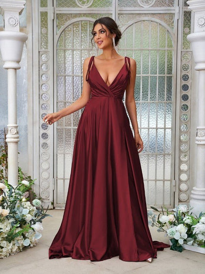 NumberSea - A - Line/Princess Silk like Satin Ruffles V - neck Sleeveless Sweep/Brush Train Bridesmaid Dresses