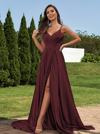 NumberSea - A - Line/Princess Silk like Satin Ruffles V - Neck Sleeveless Sweep/Brush Train Bridesmaid Dresses