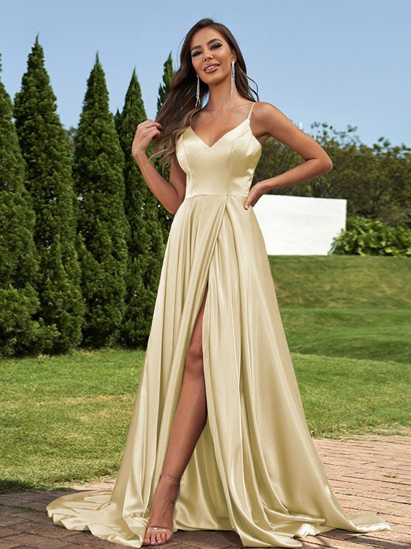 NumberSea - A - Line/Princess Silk like Satin Ruffles V - Neck Sleeveless Sweep/Brush Train Bridesmaid Dresses