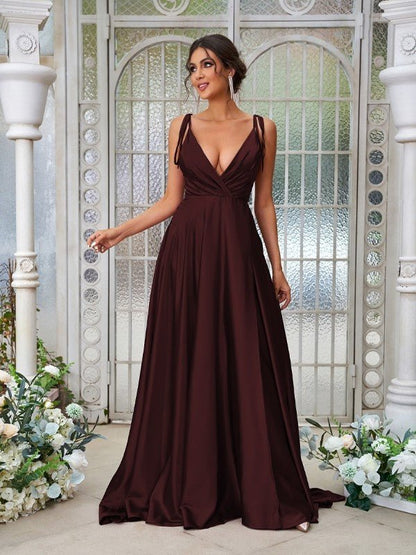 NumberSea - A - Line/Princess Silk like Satin Ruffles V - neck Sleeveless Sweep/Brush Train Bridesmaid Dresses