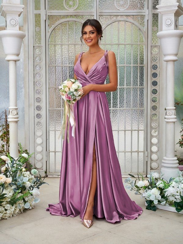 NumberSea - A - Line/Princess Silk like Satin Ruffles V - neck Sleeveless Sweep/Brush Train Bridesmaid Dresses