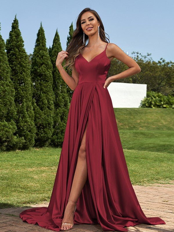 NumberSea - A - Line/Princess Silk like Satin Ruffles V - Neck Sleeveless Sweep/Brush Train Bridesmaid Dresses