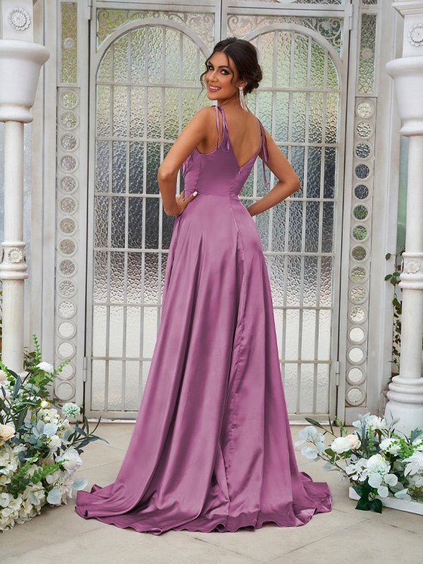 NumberSea - A - Line/Princess Silk like Satin Ruffles V - neck Sleeveless Sweep/Brush Train Bridesmaid Dresses