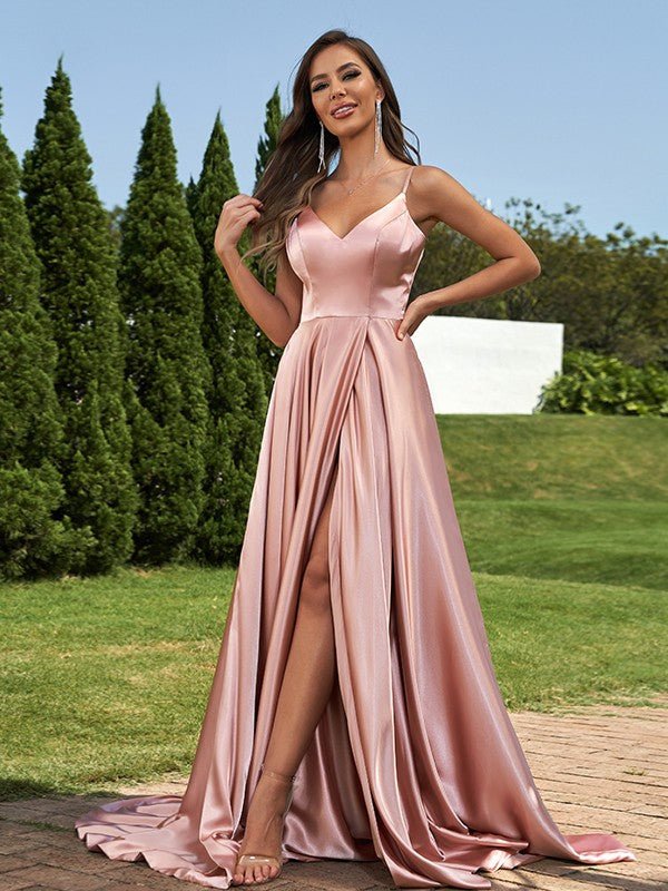 NumberSea - A - Line/Princess Silk like Satin Ruffles V - Neck Sleeveless Sweep/Brush Train Bridesmaid Dresses