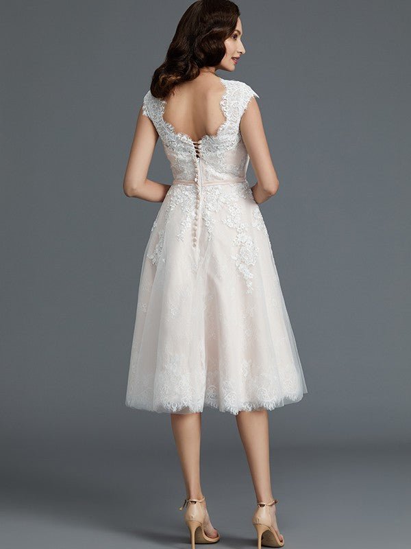 NumberSea - A - Line/Princess Sleeveless Bateau Knee - Length Tulle Wedding Dresses