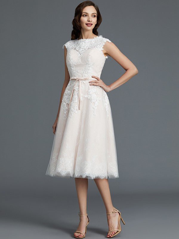 NumberSea - A - Line/Princess Sleeveless Bateau Knee - Length Tulle Wedding Dresses