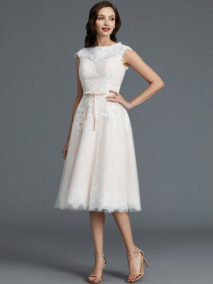 NumberSea - A - Line/Princess Sleeveless Bateau Knee - Length Tulle Wedding Dresses