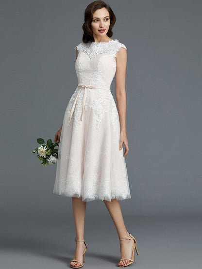 NumberSea - A - Line/Princess Sleeveless Bateau Knee - Length Tulle Wedding Dresses