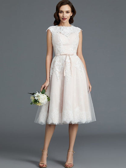 NumberSea - A - Line/Princess Sleeveless Bateau Knee - Length Tulle Wedding Dresses