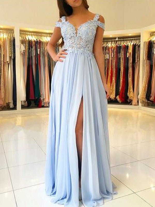 NumberSea - A - Line/Princess Sleeveless Off - the - Shoulder Floor - Length Applique Chiffon Dresses