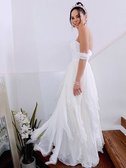 NumberSea - A - Line/Princess Sleeveless Off - the - Shoulder Ruched Chiffon Floor - Length Wedding Dresses