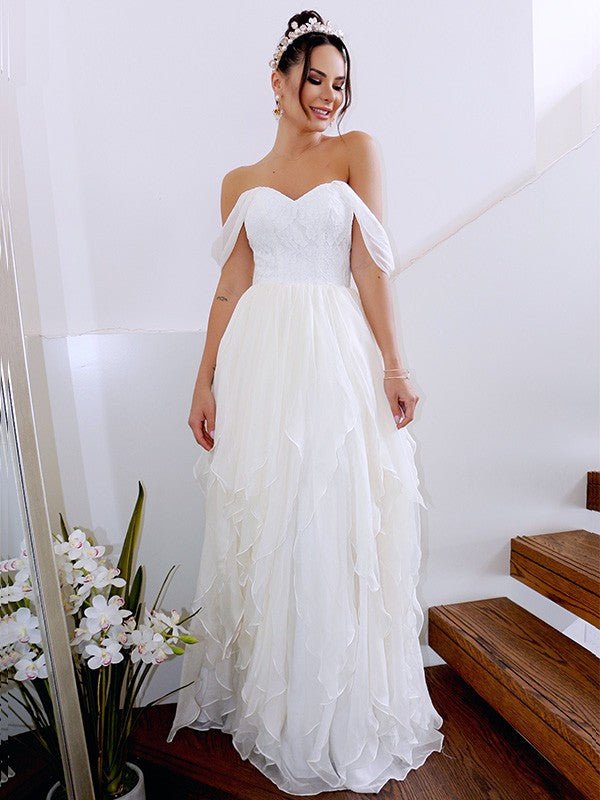 NumberSea - A - Line/Princess Sleeveless Off - the - Shoulder Ruched Chiffon Floor - Length Wedding Dresses