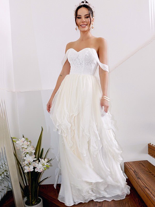 NumberSea - A - Line/Princess Sleeveless Off - the - Shoulder Ruched Chiffon Floor - Length Wedding Dresses