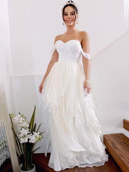 NumberSea - A - Line/Princess Sleeveless Off - the - Shoulder Ruched Chiffon Floor - Length Wedding Dresses