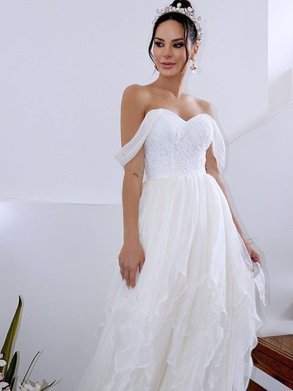 NumberSea - A - Line/Princess Sleeveless Off - the - Shoulder Ruched Chiffon Floor - Length Wedding Dresses