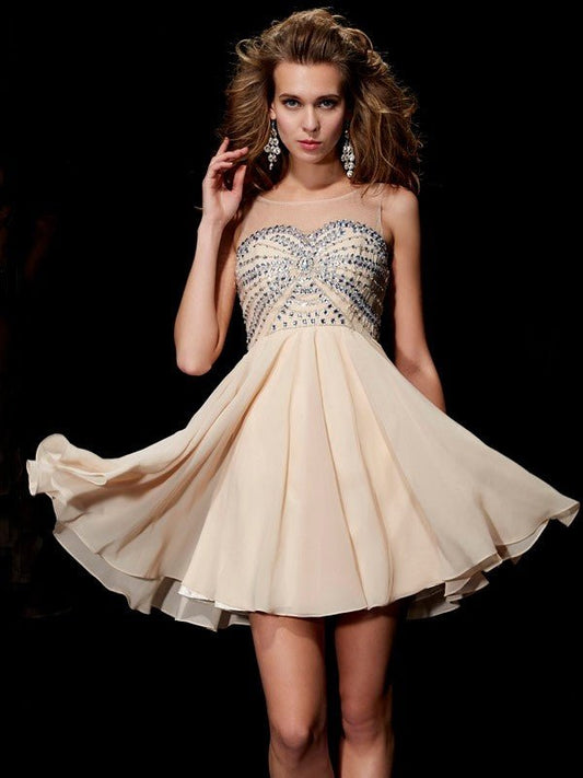 NumberSea - A - Line/Princess Sleeveless Scoop Beading Short Chiffon Homecoming Dresses