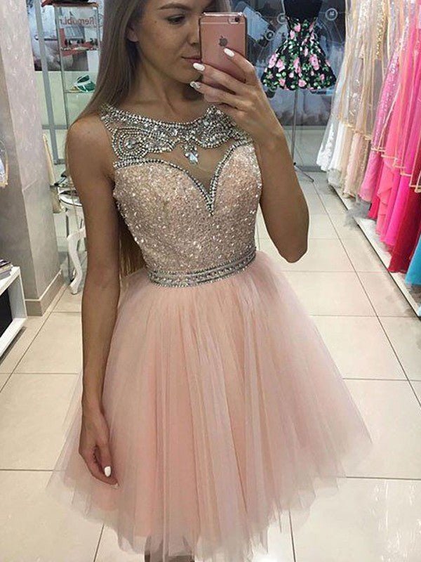 NumberSea - A - Line/Princess Sleeveless Scoop Beading Short/Mini Tulle Dresses