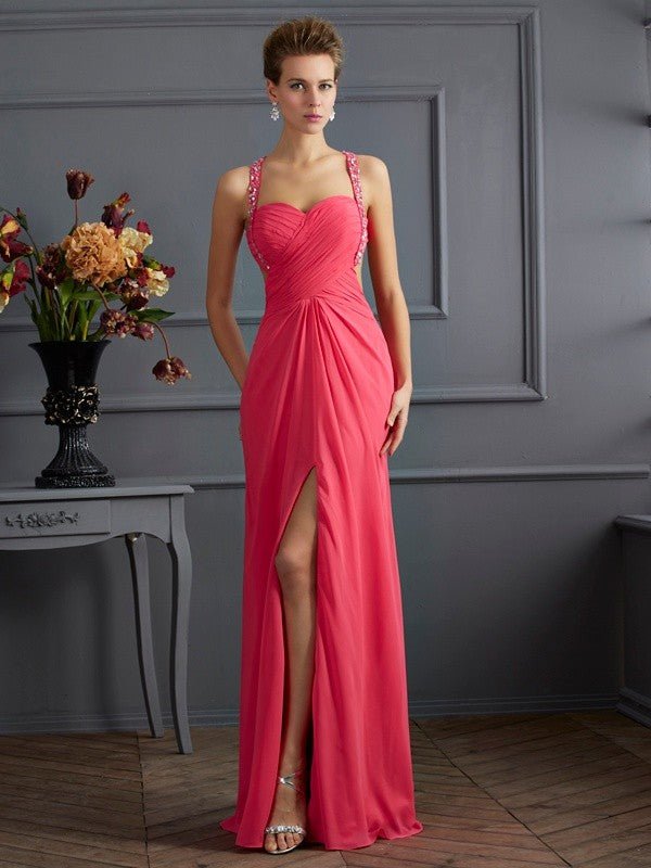 NumberSea - A - Line/Princess Sleeveless Strapless Beading Long Chiffon Dresses