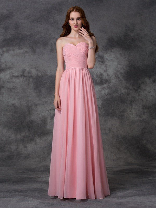 NumberSea - A - line/Princess Sleeveless Sweetheart Ruffles Long Chiffon Bridesmaid Dresses