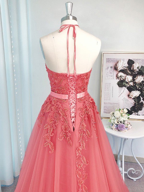 NumberSea - A - Line/Princess Sleeveless Tulle Halter Applique Sweep/Brush Train Dresses