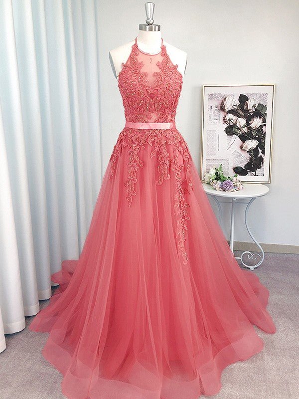 NumberSea - A - Line/Princess Sleeveless Tulle Halter Applique Sweep/Brush Train Dresses