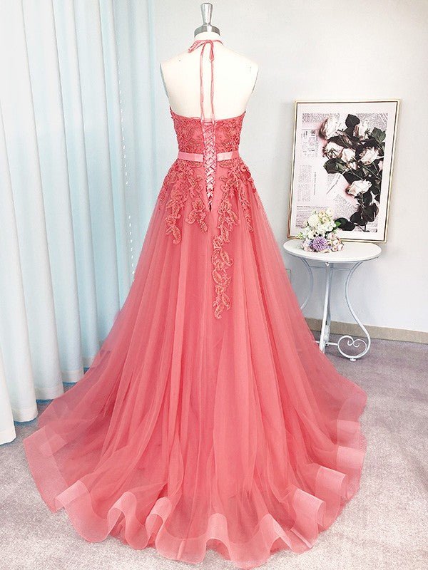 NumberSea - A - Line/Princess Sleeveless Tulle Halter Applique Sweep/Brush Train Dresses