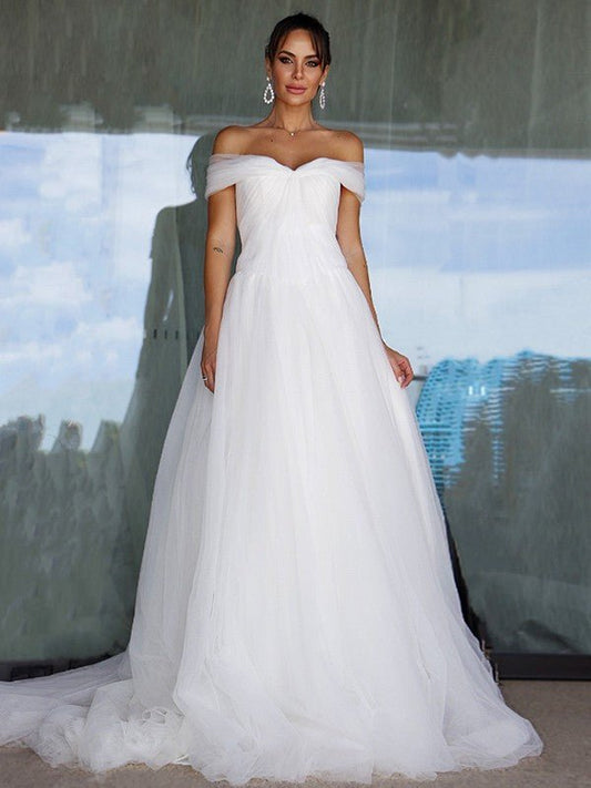 NumberSea - A - Line/Princess Sleeveless Tulle Off - the - Shoulder Ruched Sweep/Brush Train Wedding Dresses