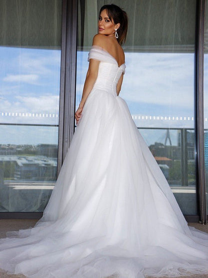 NumberSea - A - Line/Princess Sleeveless Tulle Off - the - Shoulder Ruched Sweep/Brush Train Wedding Dresses