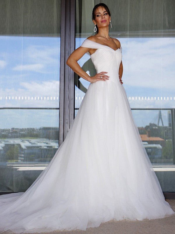 NumberSea - A - Line/Princess Sleeveless Tulle Off - the - Shoulder Ruched Sweep/Brush Train Wedding Dresses