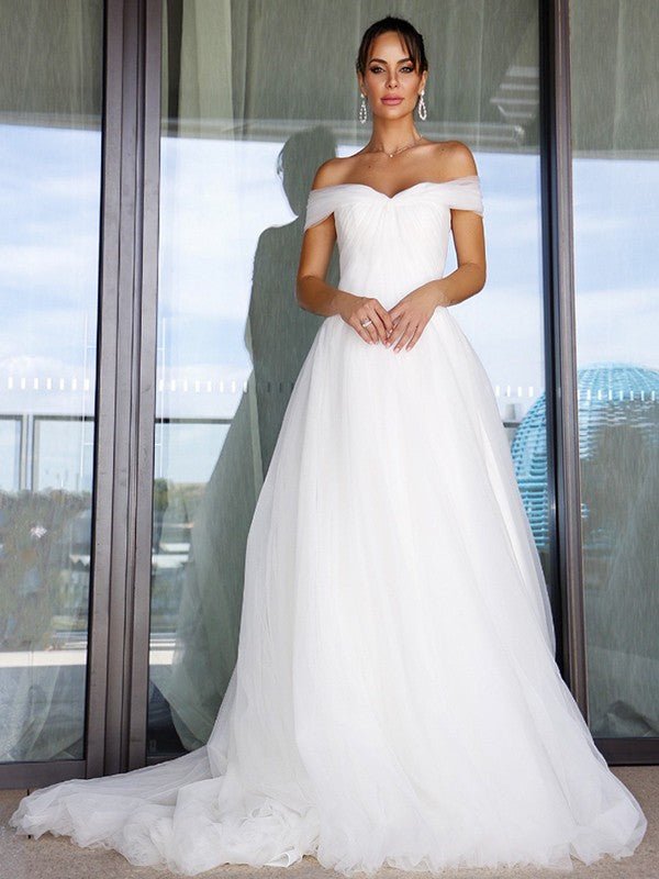 NumberSea - A - Line/Princess Sleeveless Tulle Off - the - Shoulder Ruched Sweep/Brush Train Wedding Dresses