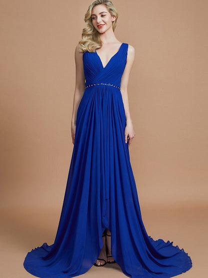 NumberSea - A - Line/Princess Sleeveless V - neck Chiffon Sweep/Brush Train Bridesmaid Dresses