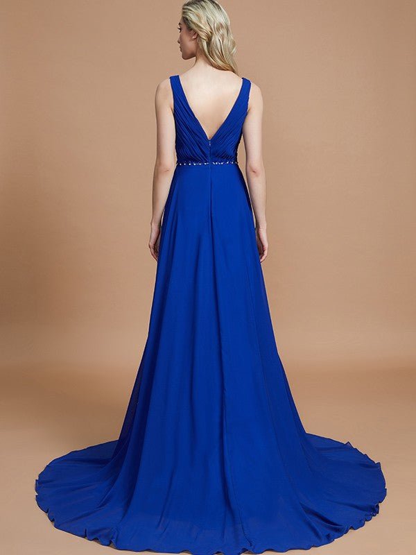 NumberSea - A - Line/Princess Sleeveless V - neck Chiffon Sweep/Brush Train Bridesmaid Dresses