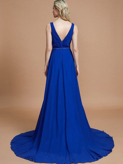 NumberSea - A - Line/Princess Sleeveless V - neck Chiffon Sweep/Brush Train Bridesmaid Dresses