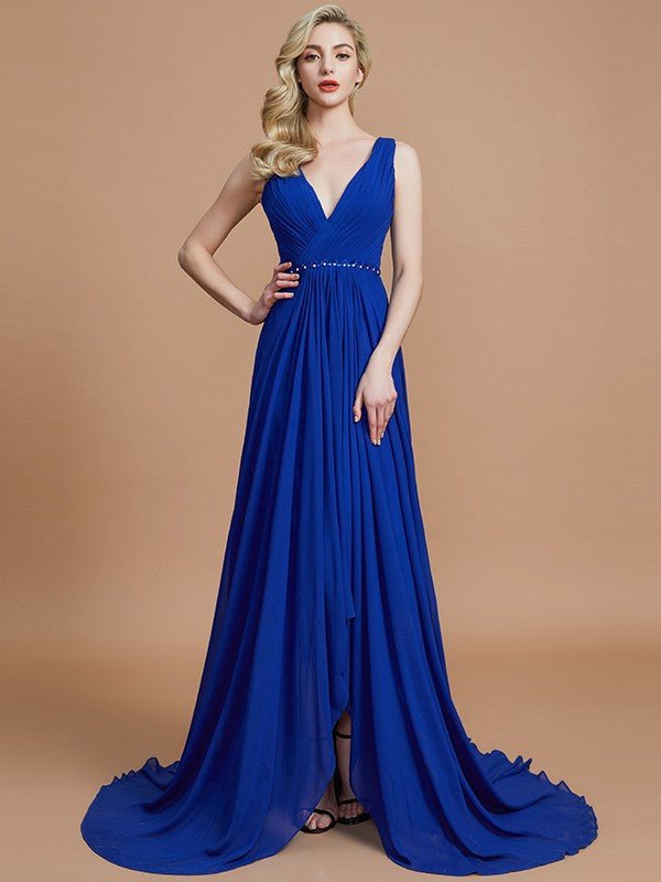 NumberSea - A - Line/Princess Sleeveless V - neck Chiffon Sweep/Brush Train Bridesmaid Dresses