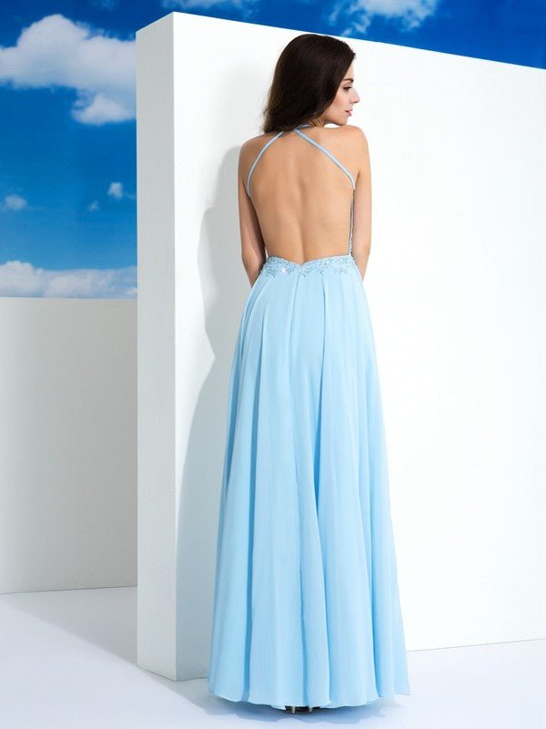 NumberSea - A - Line/Princess Spaghetti Straps Applique Sleeveless Long Chiffon Dresses