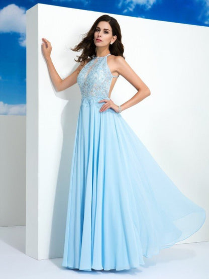 NumberSea - A - Line/Princess Spaghetti Straps Applique Sleeveless Long Chiffon Dresses