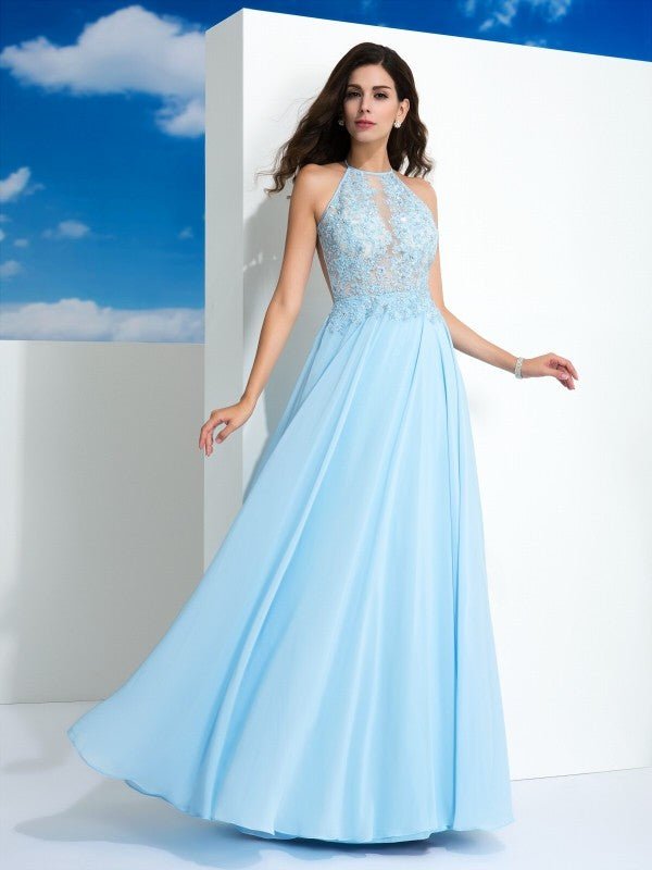 NumberSea - A - Line/Princess Spaghetti Straps Applique Sleeveless Long Chiffon Dresses