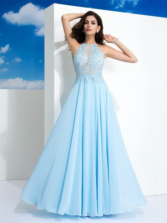 NumberSea - A - Line/Princess Spaghetti Straps Applique Sleeveless Long Chiffon Dresses