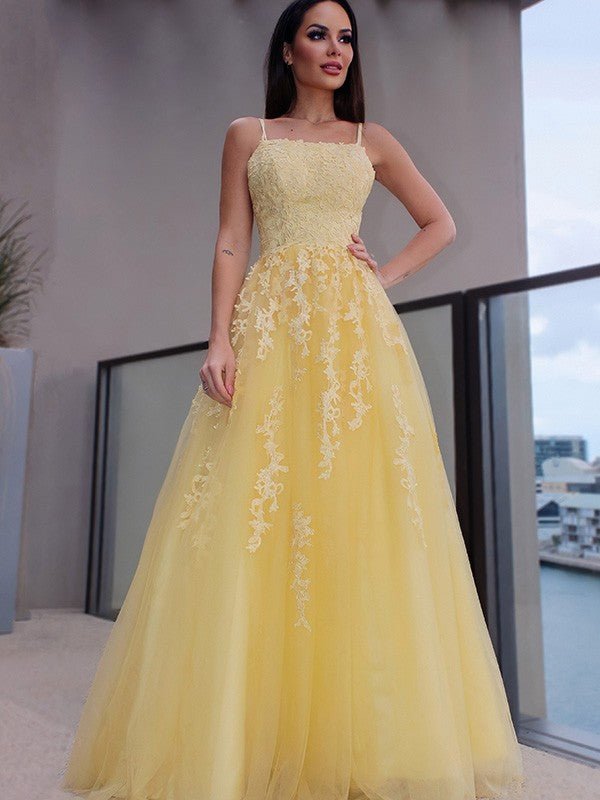 NumberSea - A - Line/Princess Spaghetti Straps Applique Sleeveless Tulle Floor - Length Dresses