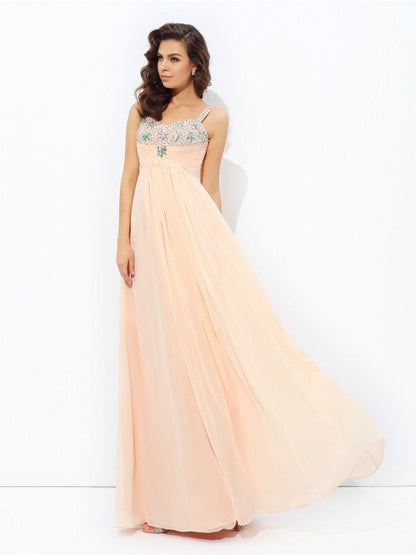 NumberSea - A - line/Princess Spaghetti Straps Beading Sleeveless Long Chiffon Dresses