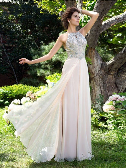 NumberSea - A - Line/Princess Spaghetti Straps Beading Sleeveless Long Chiffon Dresses