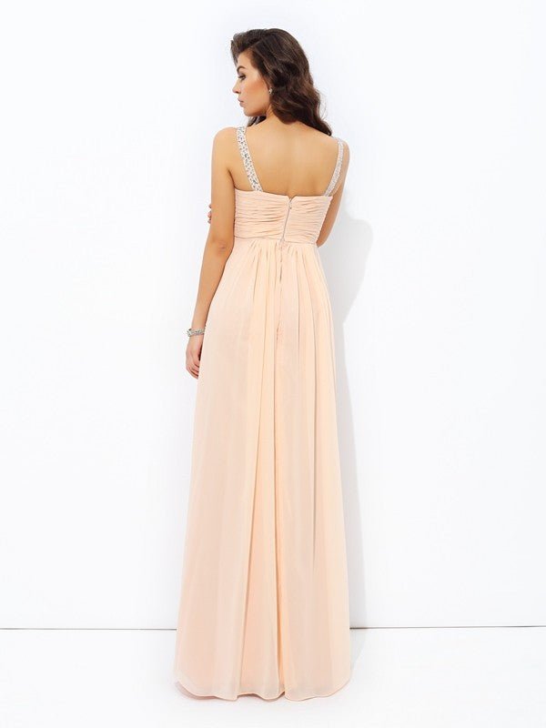 NumberSea - A - line/Princess Spaghetti Straps Beading Sleeveless Long Chiffon Dresses