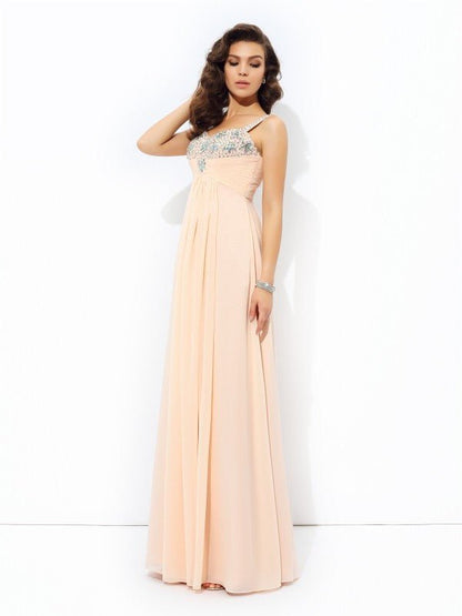 NumberSea - A - line/Princess Spaghetti Straps Beading Sleeveless Long Chiffon Dresses