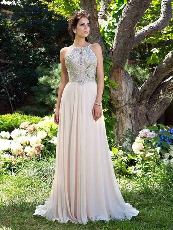 NumberSea - A - Line/Princess Spaghetti Straps Beading Sleeveless Long Chiffon Dresses