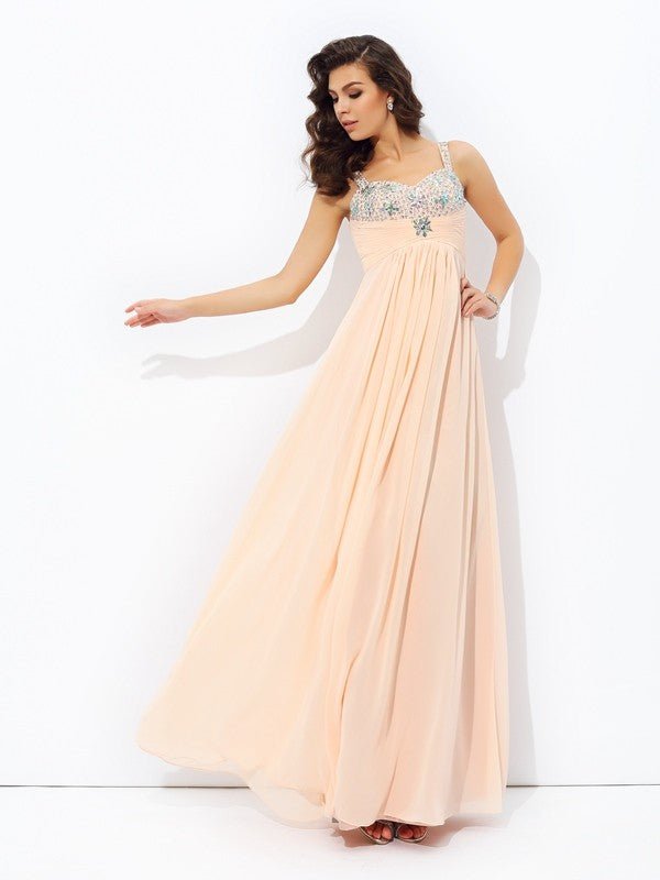 NumberSea - A - line/Princess Spaghetti Straps Beading Sleeveless Long Chiffon Dresses