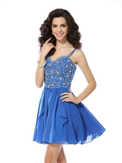 NumberSea - A - Line/Princess Spaghetti Straps Beading Sleeveless Short Chiffon Cocktail Dresses