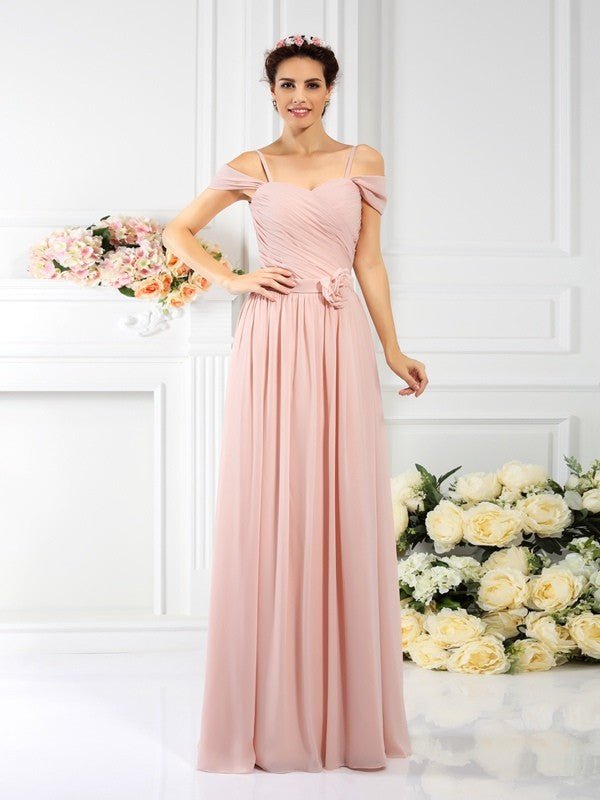 NumberSea - A - Line/Princess Spaghetti Straps Pleats Sleeveless Long Chiffon Bridesmaid Dresses