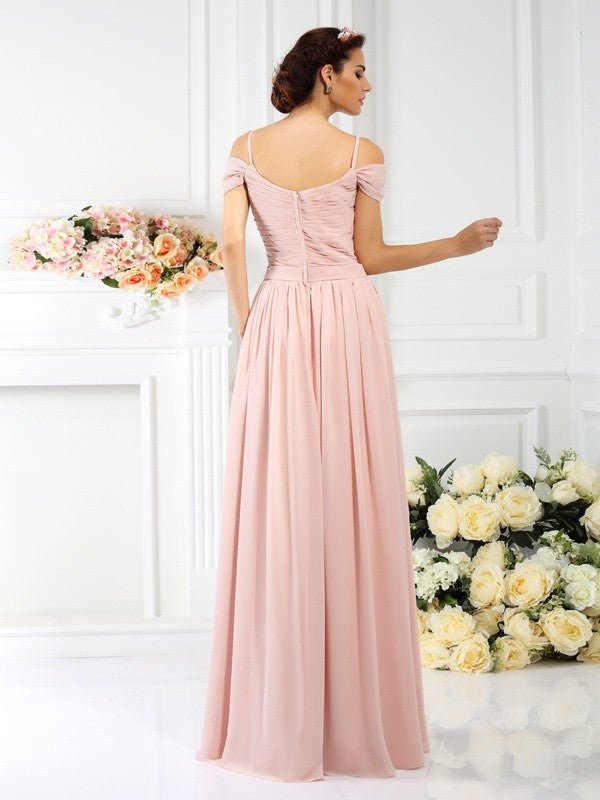 NumberSea - A - Line/Princess Spaghetti Straps Pleats Sleeveless Long Chiffon Bridesmaid Dresses